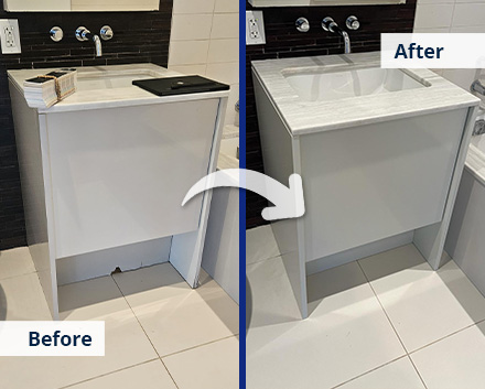 Before and After for a cabinet refacing job on a bathroom cabinet in Williamsburg, NY